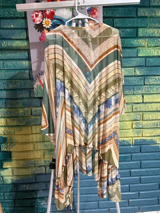 Three Bird Nest Olive Multi Chevron Kimono Cardigan semi sheer ruffled NWT s/m - Picture 9 of 10